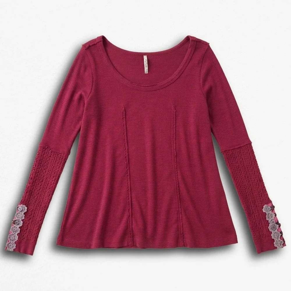 Free People Berry Wine Crochet Lace Trim Thermal Top Long Sleeve Women Medium